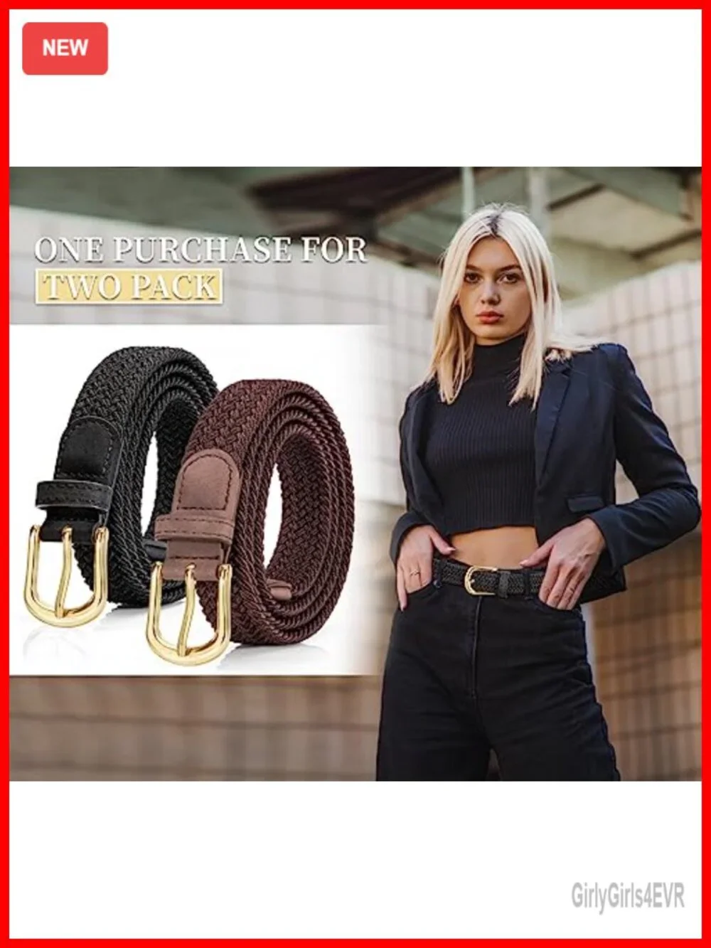2 Pack Woven Stretch Belt for Women, Elastic Braided Belt with PU Leather Ends